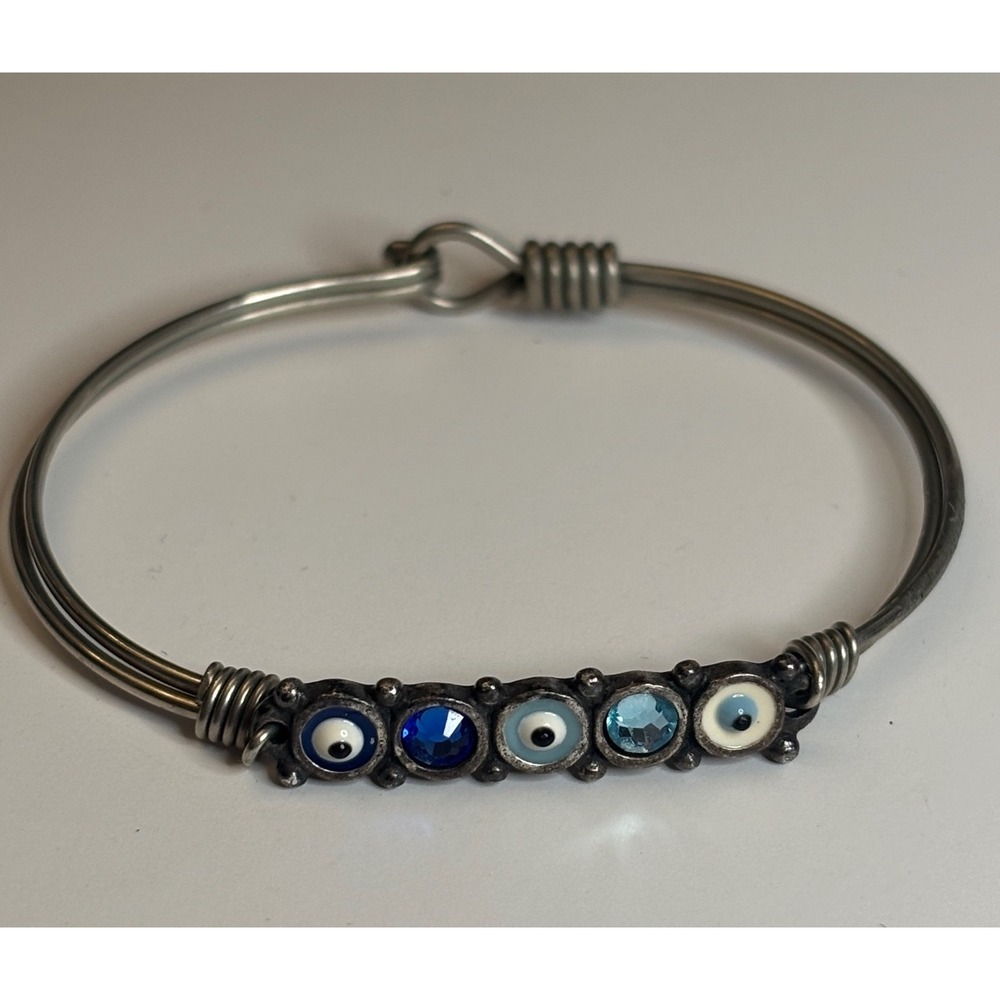 Vintage Silver Tone Boho Evil Eye Bangle Bracelet Blue Crystal Wire Wrap 5.75